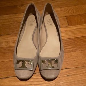Tory Burch taupe suede shoes.